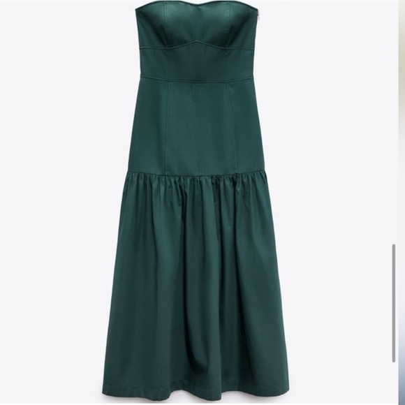 ZARA TOPSTITCHED MIDI DRESS emerald dress with top stitching, strapless bustier - Picture 3 of 16
